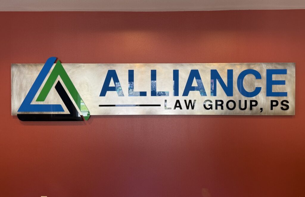 Inside image of signage in entry way 2. Alliance Law Group. University Place, Washington.